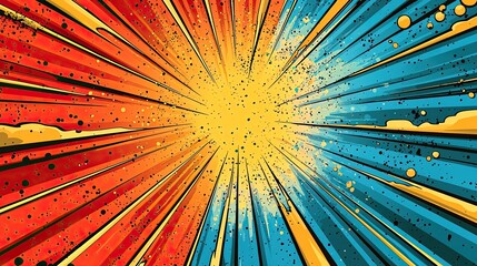 Abstract comic book style background with radial lines, orange and blue colors, and splatters.
