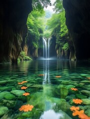 Serene waterfall cascading into a crystal-clear pool within a lush green canyon.