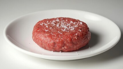 Obraz premium Fresh raw ground beef burger patty with salt and spices on a white background