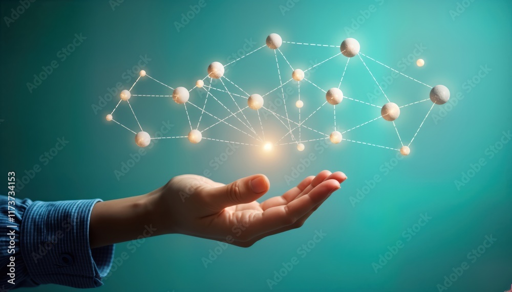 Poster hand holds digital network. connected spheres float in air. tech concept for unity team. network con