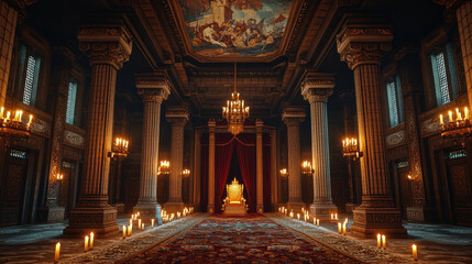 Grand throne room interior, palace, candlelit, ornate, red carpet, fresco ceiling