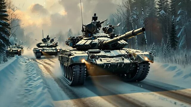 Painting of a tank driving through snow. The mood of the painting is intense and dramatic. The tank is surrounded by other tanks, and the snow adds to the sense of danger and urgency