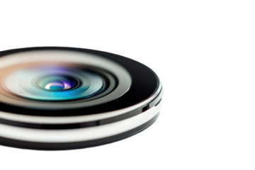 Close-up view of a camera lens showcasing intricate details on a transparent background