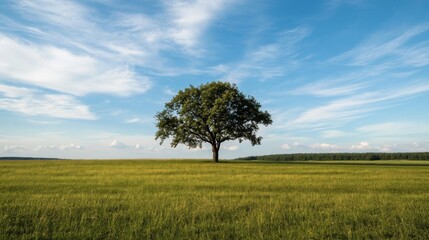Fototapeta premium Solitary tree in a vast green field under a blue sky with fluffy clouds.