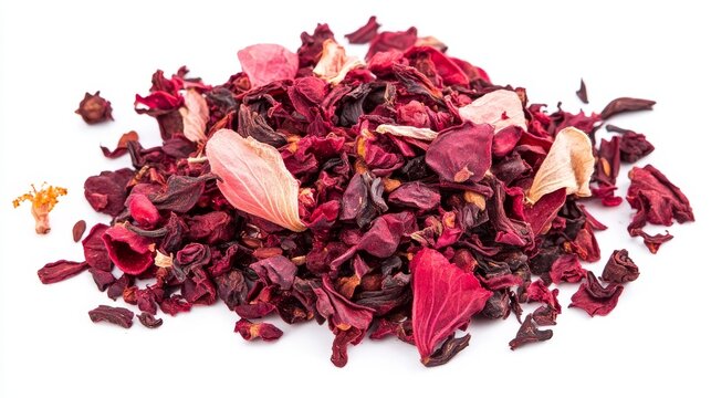 Dry black tea pile with hibiscus, fruits isolated. Raspberry seeds red tea, karkade flower leaves, dried herbal drink, roselle petal, edible rosehip, leaf hibiscus tea on white background