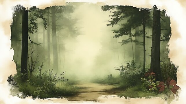 Misty forest path, digital painting.