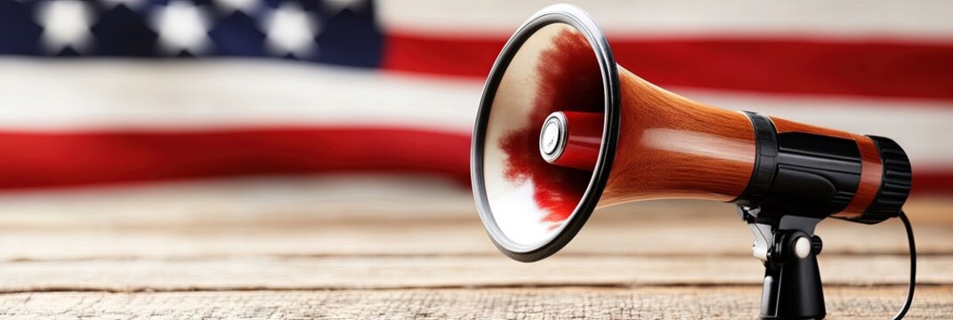 megaphone, american flag background for first amendment constitutional right to freedom of speech