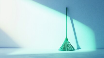 Green broom leaning against a light blue wall in sunlight.