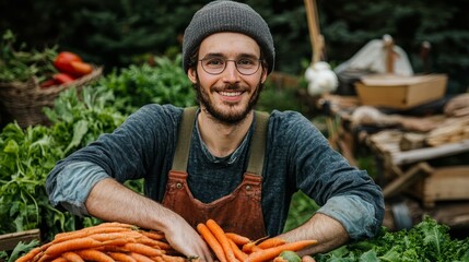 Fresh Produce Vendor Smiles While Displaying Freshly Harvested Carrots at a Local Farmers Market in a Rural Setting During Daylight Hours