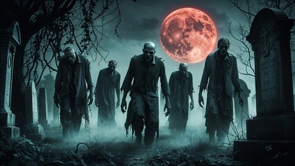 Cinematic Gothic Horror: Haunting Graveyard Scene at Night with Walking Dead