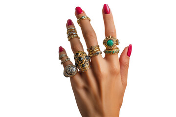 Intricate collection of colorful rings and bangles displayed on a woman's hand against a white background showcasing elegance and style