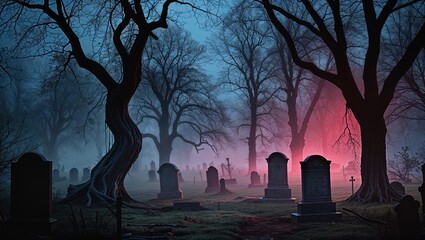 Cinematic Graveyard at Night with Eerie Mist and Ominous Shadows