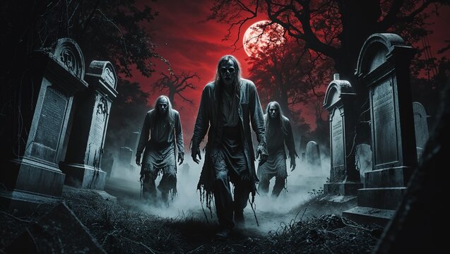 Cinematic Gothic Horror: Haunting Graveyard Scene at Night with Walking Dead
