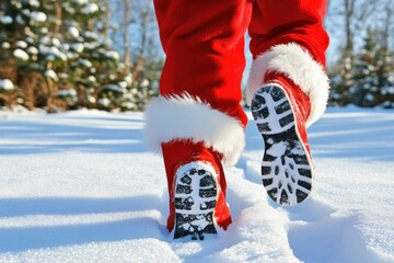 Red boots walking in snowy winter wonderland. Festive footprints in the snow. A magical winter scene.