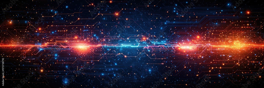 Poster abstract digital technology background with glowing lines and particles.