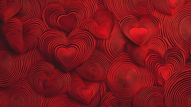 Optical illusion style pattern of red hearts created from concentric lines