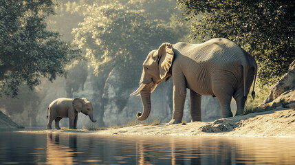 Obraz premium An elephant drinking water at a riverbank , animal with his child relistic photo, realistic photo