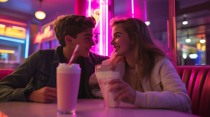 Sharing a milkshake at a retro diner with neon lights, girl with boy, modern style
