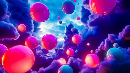 Vibrant spheres in pink and blue hues float amidst fluffy clouds under a mystical sky. The scene captures a surreal cosmic atmosphere that evokes wonder and imagination. - Powered by Adobe