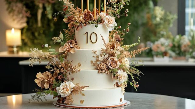 Elegant cake adorned with flowers and decorations for a tenth anniversary celebration