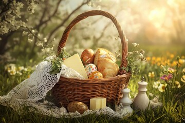 A Delightful Easter Basket Surrounded by Beautiful Nature, Perfect for the Holiday Season