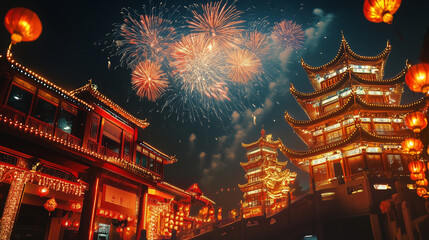 Fototapeta premium A nighttime scene of fireworks lighting up the sky over a decorated Chinese temple, Chine festival, modern style