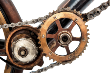 Collection of assorted bicycle gears and components isolated on a white background showcasing various shapes and sizes