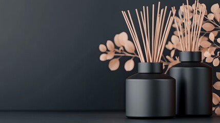 Black matte ceramic diffuser with sleek reed sticks adds a touch of boho elegance against a dark grey backdrop, creating a calming atmosphere