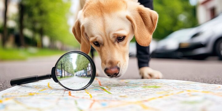 magnifying glass on dog on street map - lost and found pet tracking concept 