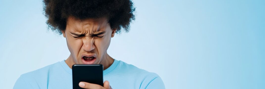 Frustrated Man Smartphone Blue Background - A young man with an afro looks frustrated while using his smartphone.  Concepts: technology, anger, problem, digital, stress.