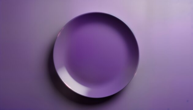 Purple plate on purple background. Clean, minimalist design. Empty dish for food product display. Modern tableware concept. Ideal for advertising, promotional purposes. Vibrant color scheme. Circular