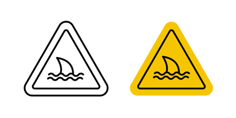 Danger of shark signs vectors set in black and red colors on white background.