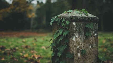 Stone post covered in ivy, autumn leaves.