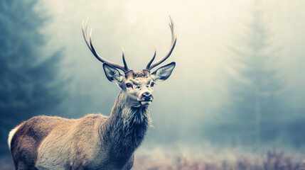 Naklejka premium A deer standing in a misty forest clearing, animal in nature, modern style