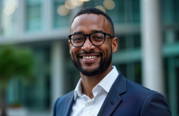 Obraz premium Successful African American businessman stands in front of modern office building. Wears suit, smiles confidently at camera. Business leader looks pro, happy. Successful executive manager. Photo