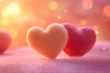 Fototapeta premium Festive horizontal banner with cute felt, wool hearts macro shot. Valentine's Day