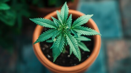 Cannabis Plant in Terracotta Pot: A Close-Up View