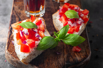 Bruschetta tomato of aperitif appetizer fresh tasty food dish delicious gourmet food background on...