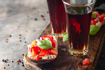 Bruschetta tomato of aperitif appetizer fresh tasty food dish delicious gourmet food background on the table rustic food top view copy space vegetarian vegan food