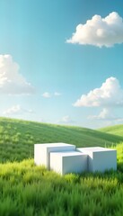 Fototapeta premium Empty white podiums stand in green grassy field under bright blue sky. Sunny day. Modern, nature-inspired scene. Suitable for products concepts. Landscape style. Minimalist design. Perfect for