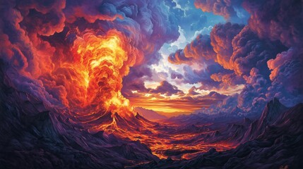 Fototapeta premium Volcano Drawing. Hyper-realistic illustration depicting an erupting volcano amidst a dramatic sky. 