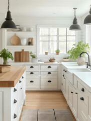 Fototapeta premium Modern minimalist kitchen Bright Scandinavian Haven An openconcept kitchen with sleek white cabinets light oak countertops and a Scandinavian vibe Pendant lights and po