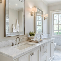 primary bathroom interior design image with marble counter tops and white bathroom sink cabinet with two sinks and faucets antique mirror polished nickel wall scones tr