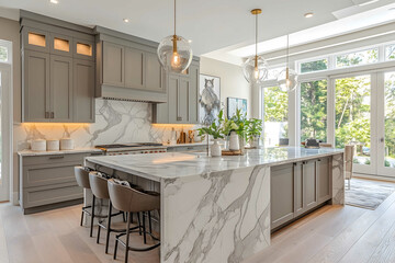 High quality 4k magazine cover photo realistic editorial stylish modern view of a grey wood kitchen with an island and white marble countertops The decorations are eleg