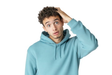 A young man expresses frustration with his hair in a casual setting against a white background, capturing a relatable moment of confusion and concern