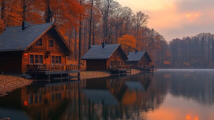 Fototapeta premium Serene Autumn Evening at Lakeside Log Cabins