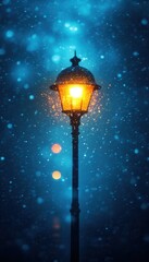 A single lamppost glows warmly amidst a falling snow, casting a magical, wintery ambiance.