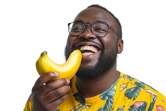 Smiling man holding a banana dressed in a colorful shirt poses for a joyful portrait against a white background - Powered by Adobe