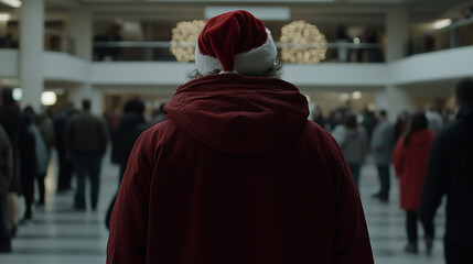 Santa statue attracts a crowd in a bustling venue filled with holiday decorations and lively atmosphere during festive season