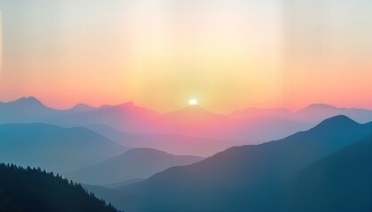 Fototapeta premium Sunrise paints colorful hues over layered mountain range. Scenic morning light creates peaceful atmosphere. Inspiring view of nature. Early morning tranquility in mountain landscape. Motivational